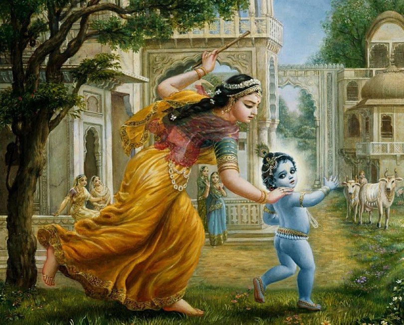 Lord Krishna as a child being caught by Mother Yashoda